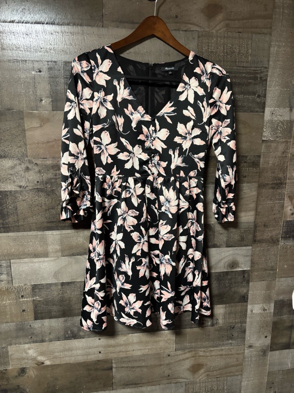 Madewell Black Flowy Floral V-Neck Dress w/ Pink Blossoms 3/4Sleeves Size 2
